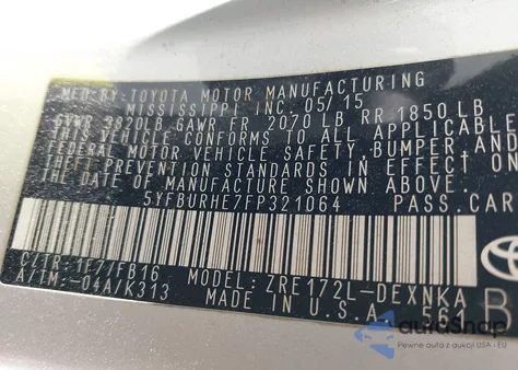 2015 Toyota Corolla Le Plus from USA, damaged, VIN 5YFBURHE7FP321064